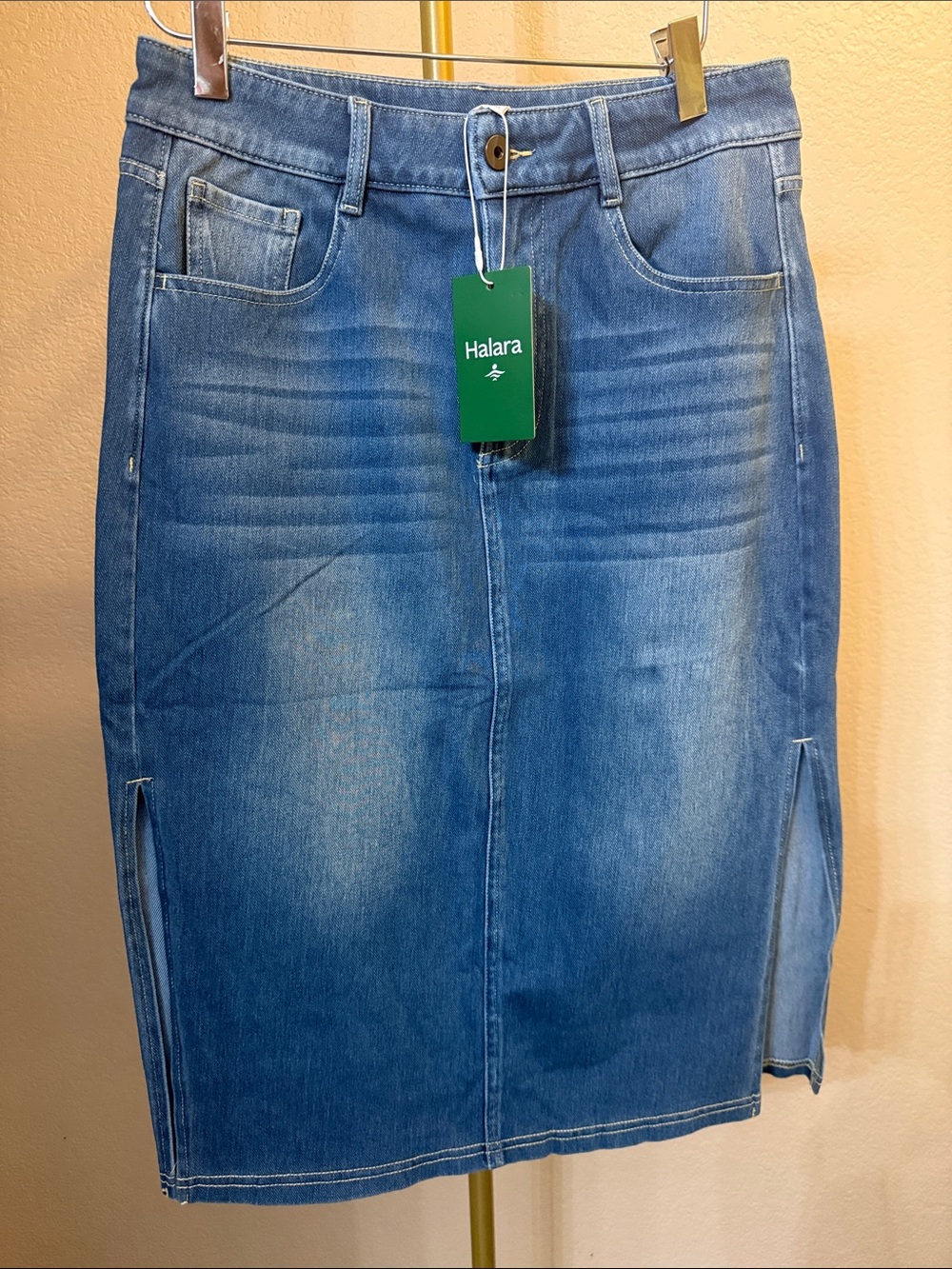 HALARA Medium Blue Denim Pencil Skirt with Side Slits